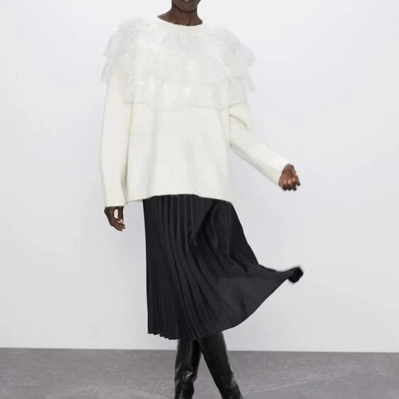Zara Sequin Ruffle Crew Neck Oversized Sweater - Picture 3 of 13